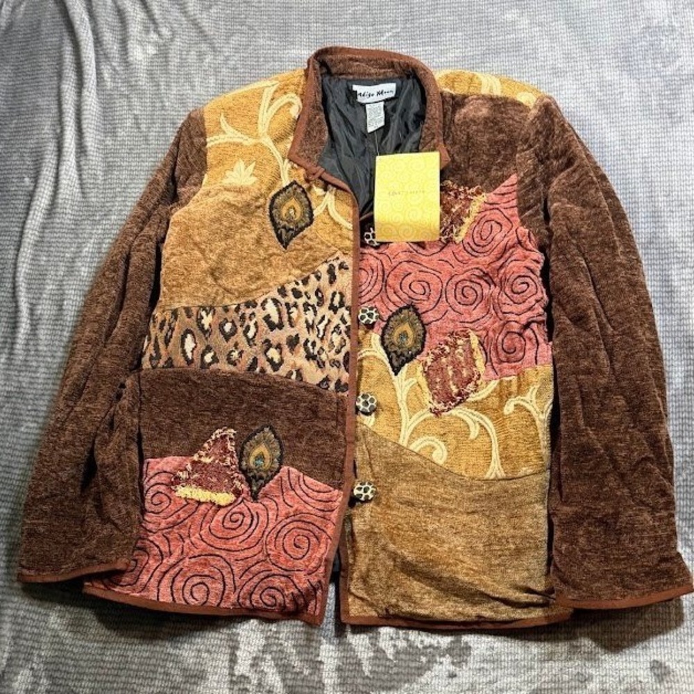 Indigo Moon Patchwork Jacket Womens XL Brown Multi Animal Print Chenille NWT